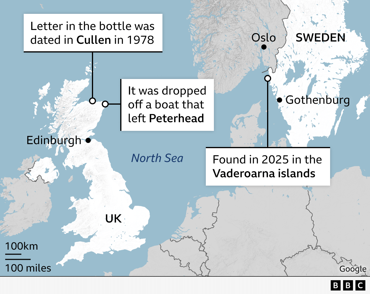 Map showing Cullen, Peterhead, the North Sea and Sweden.
