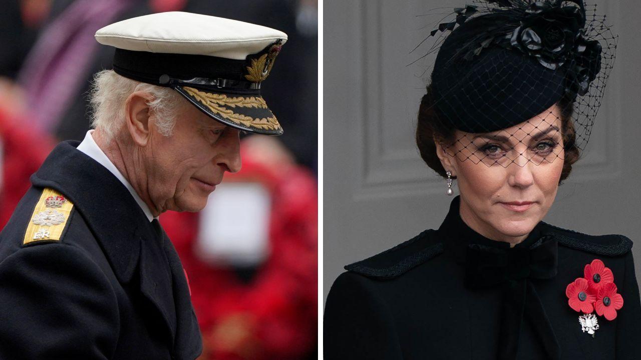 A composite of King Charles and Princess Catherine at the Remembrance Day parade in central London. The King, on the right, is dressed in his formal Royal Navy uniform and is seen in profile. Catherine is dressed all in black and is wearing a black fascinator. A cluster of red poppies is pinned to her chest.