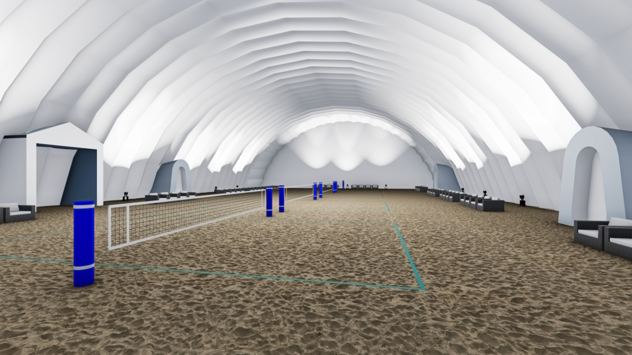 A CGI image showing what one of the inside beach volleyball courts could look like, with a white domed roof, sand on the floor and white nets with blue posts running through it.