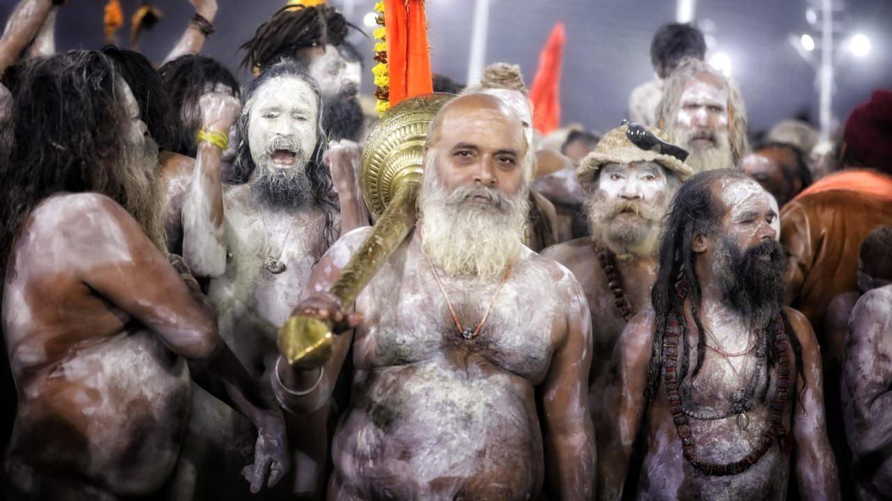 Naga sadhus - the ash smeared naked Hindu holy men with matted dreadlocks 