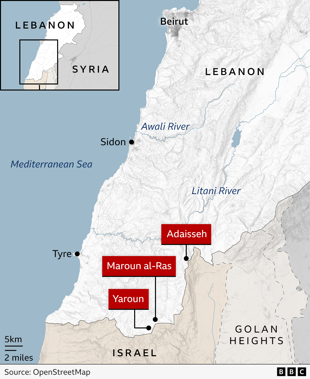 A map showing southern Lebanon, labelling Adaisseh, Yaroun and Maroun al-Ras, two Lebanese villages close to the border with Israel, and showing the Litani River just north of Tyre and the Awali River just north of Sidon. 