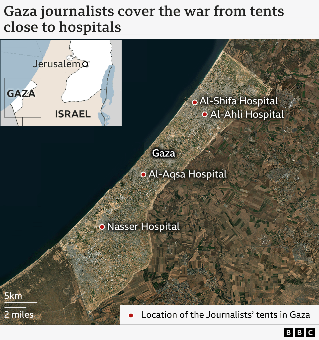 A map showing the location of the major hospitals in Gaza: Al-Shifa Hospital, Al-Ahli Hospital, Al-Aqsa Hospital and Nasser Hospital