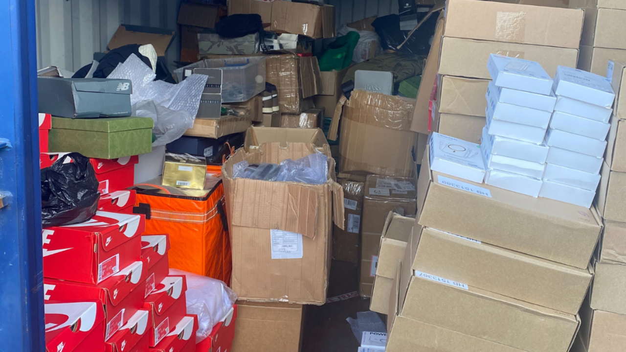 Boxes of illegal items in a storage container 