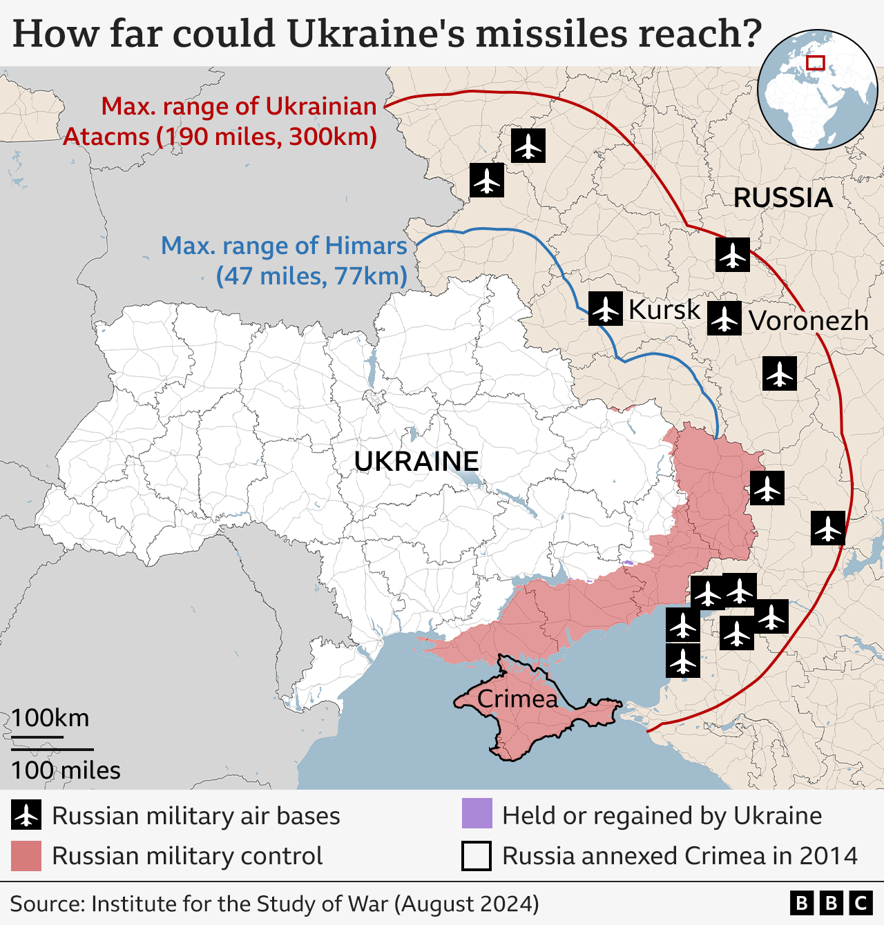 map showing range of Atacms and Himars missiles. a line shows how far they could reach into Russia.