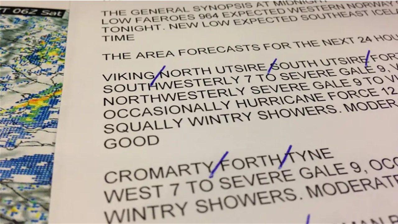 A copy of the shipping forecast annotated by the broadcaster with pen lines to separate the areas which makes it easier to read on air