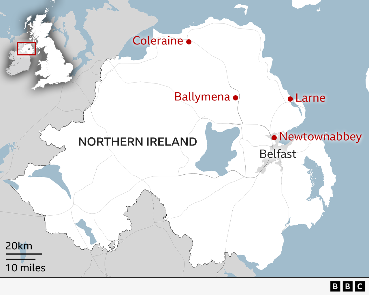 A map of Northern Ireland with the locations where riots have occurred marked with a red dot and the name of the town in red.