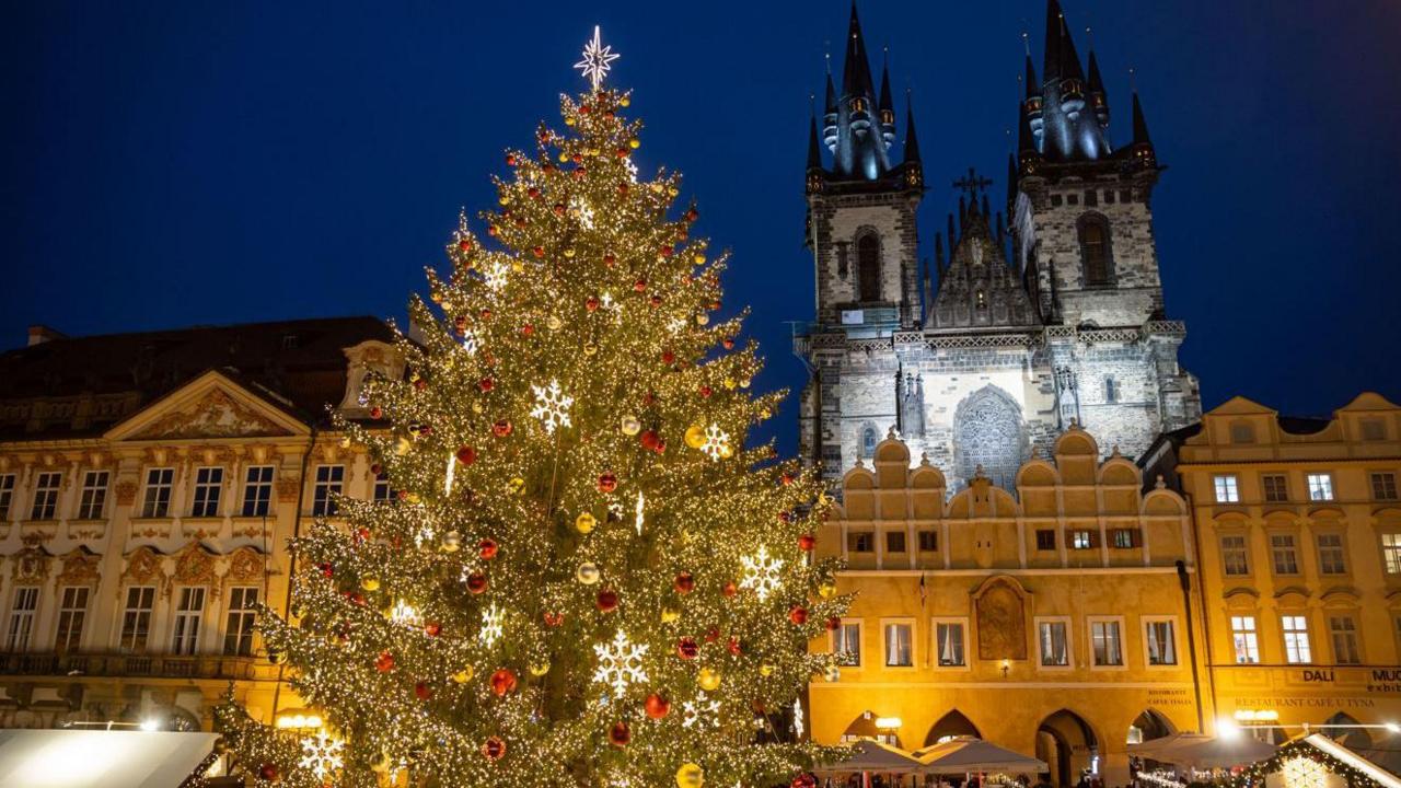 Christmas tree in the Old Town Square in Prague, Czech Republic.