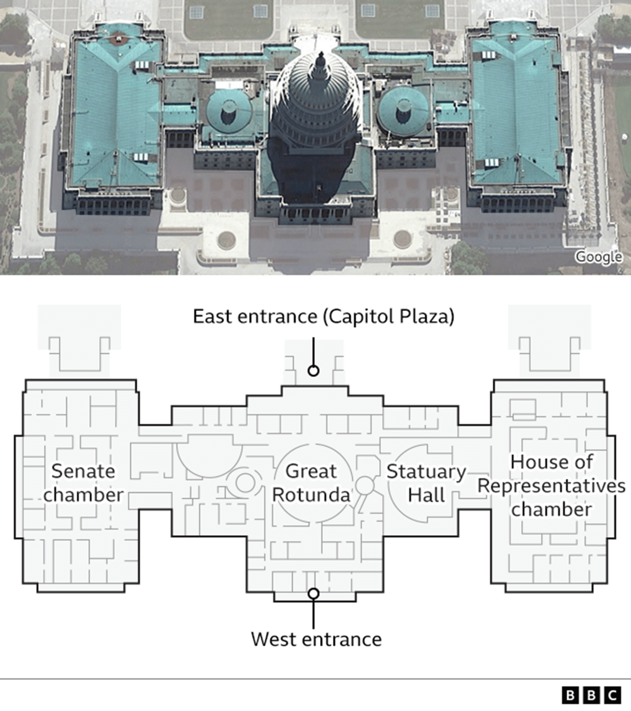 An annotated floor plan of the Capitol building shows the house and senate chambers, the great rotunda and several entrances.