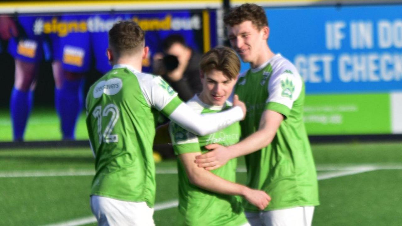 Fin Patterson celebrates his third goal of the season for Guernsey FC