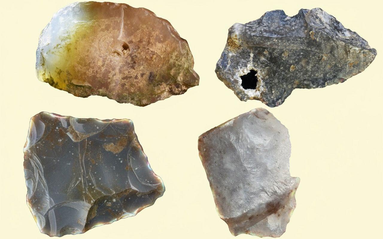 Composite image of four stone tools on a pale yellow background. The top left stone displays a rich blend of golden and earthy hues with a polished appearance and distinct surface features. The top right stone is darker, rugged, and features a prominent cavity, giving it a unique and weathered character. The bottom right stone appears translucent and pearlescent, with gentle gradients of white and pale brown that highlight its smooth fractured surfaces. The bottom left stone stands out with glassy reflections, angular facets, and traces of ancient flaking visible against its blue-grey background.