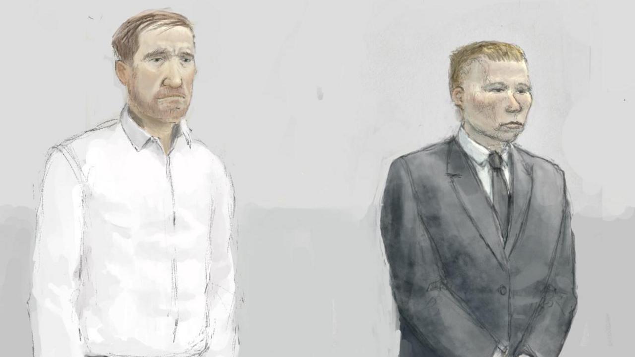 Sketch of the two men in the dock. Graham on the left is wearing a long-sleeved white shirt with an open collar and has short ginger hair and a beard. Carruthers on the right is clean shaven with short blond hair and is wearing a dark suit and tie with a white shirt