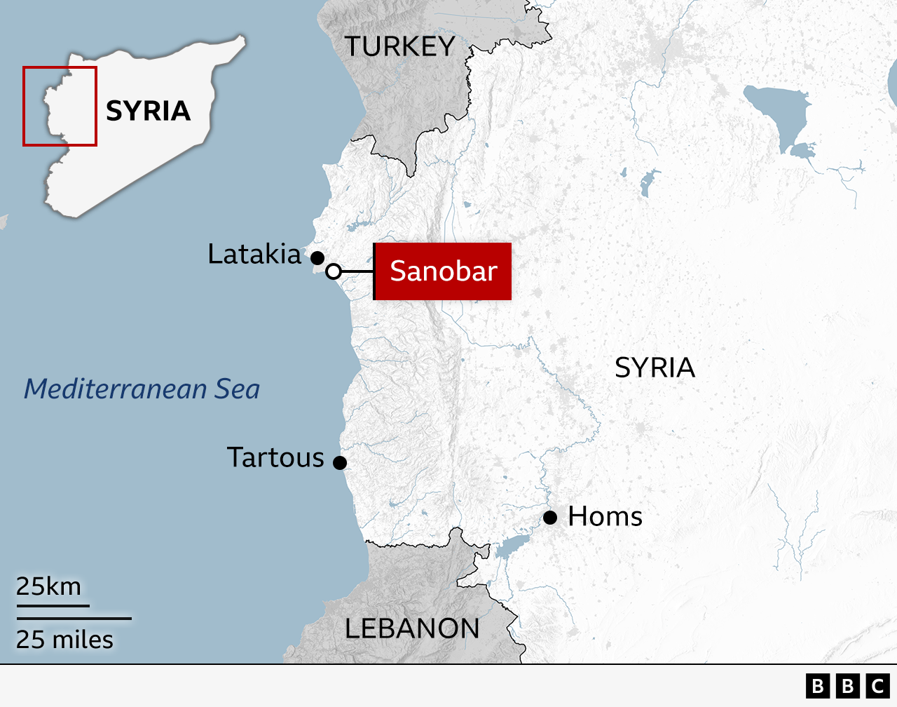 Map showing the location of Sanobar in northern Syria