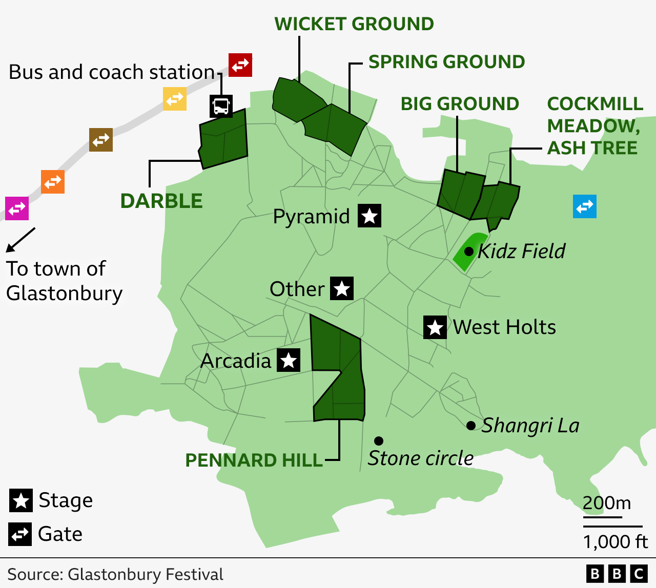Map of the Glastonbury festival highlighting the campsites Darble, Wicket Ground, Big Ground, Cockmill Meadow, Ash Tree and Pennard Hill, as well as the main stages and gates