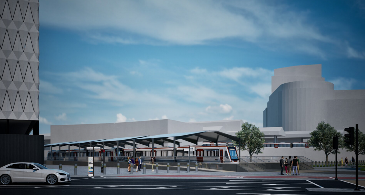 An artist's impression of the proposed new platform for the tramway in the southern car park of Cardiff central station