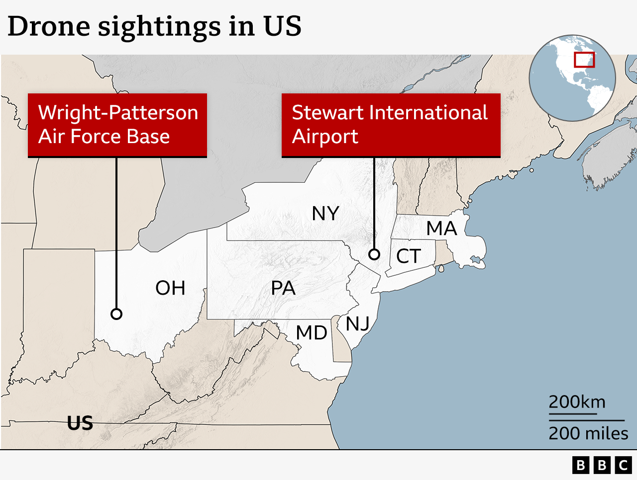 Map of states in which drones are being seen in the United States. 