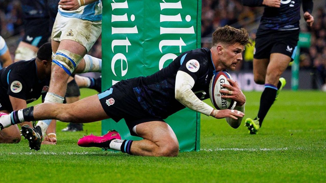 Henry Slade scores a try on his last England appearance against Argentina in November 2025 