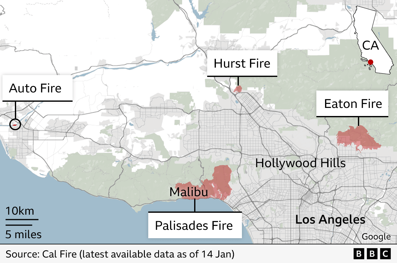 California map showing in red the areas of the four active fires as of 14 January: the Palisades Fire, the Eaton Fire, the Hurst Fire and the Auto Fire. Los Angeles, Malibu and Hollywood Hills are also labelled up for reference.