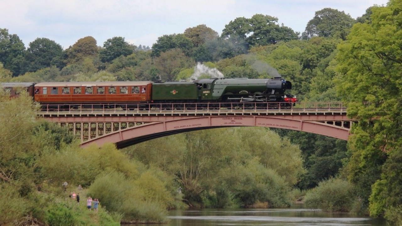 The largely green-coloured locomotive is on the bridge in the middle of the photo, with one of the carriages fully visible (from left to right) on the left of the photo. Trees are in the background.