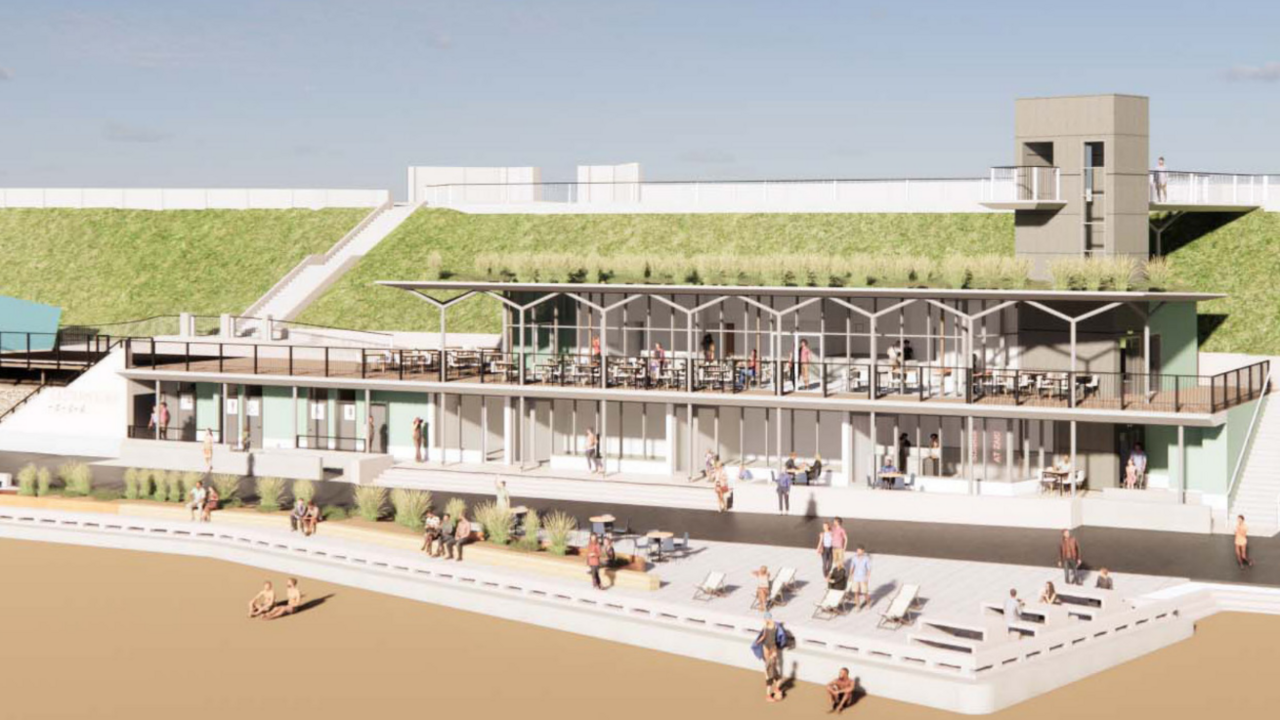 Artist's impression of development showing images of people on promenade and two-storey restaurant and cafe complex with foliage and large glass windows  