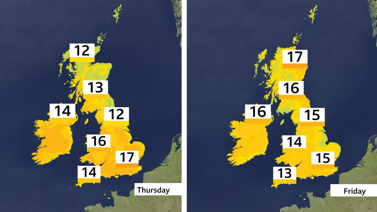 two BBC weather maps of the UK showing temperatures.  On the left, on Thursday, temperatures range from 12 degrees in northern Scotland to 17 degrees in south-east England.  On the right, 17 degrees in northern Scotland to 13 degrees in south-west England