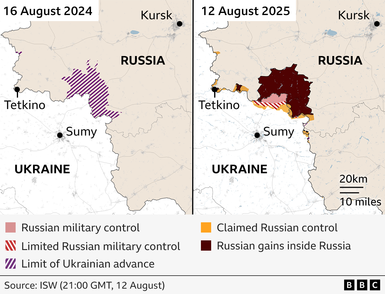 Side-by-side comparison map showing changes in territorial control just over the Russian border between Russia and Ukraine from 16 August 2024 to 12 August 2025.
Left map (2024): Limit of Ukrainian advances are marked with purple stripes
Right map (2025): A slightly larger area including small areas across the Ukrainian border is shaded with a bit more in yellow to show claimed Russian control.
Key towns labeled include Kursk, Tetkino, and Sumy. Source: ISW