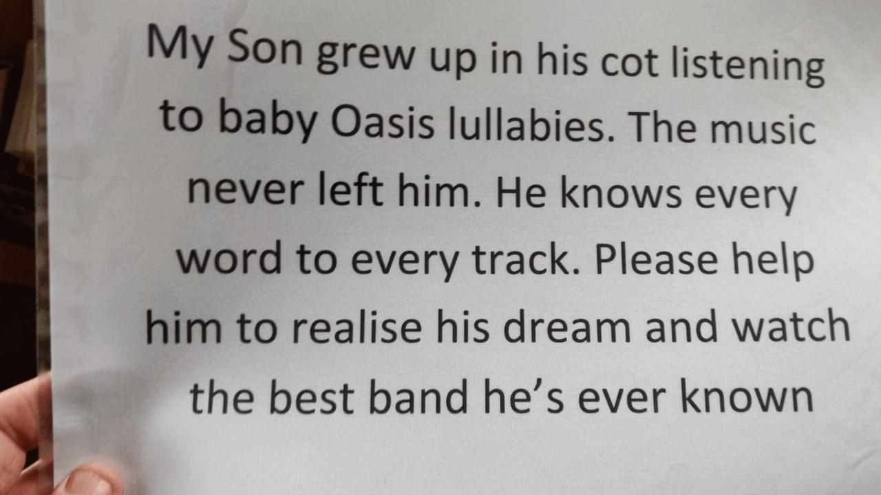 A typed notice on white paper asking for tickets to see Oasis