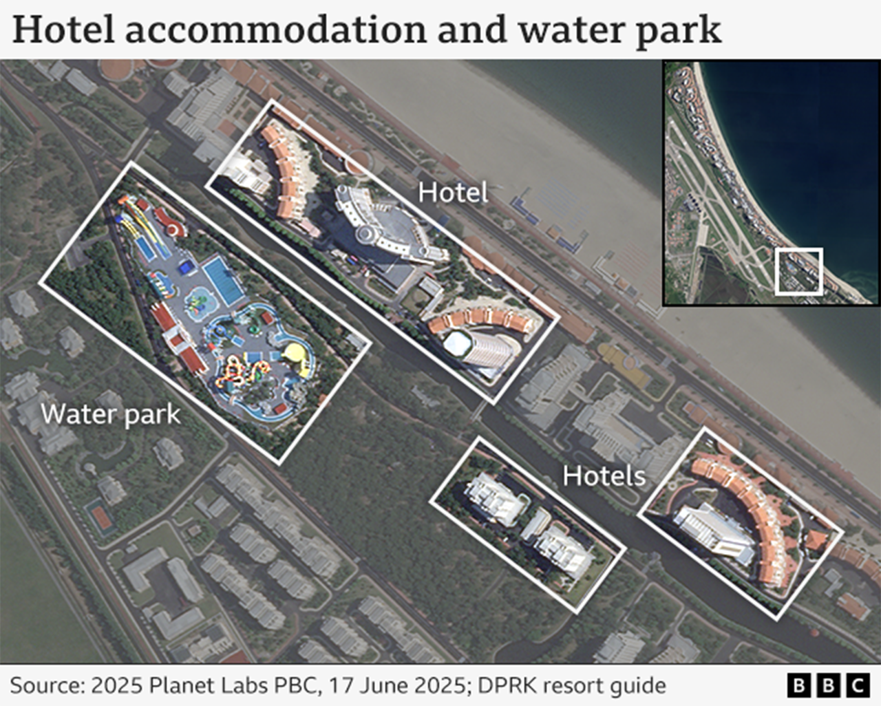 A satellite image showing the new resort. Labelled are a water park and several hotels. They all sit along the shoreline, where a beach is visible.