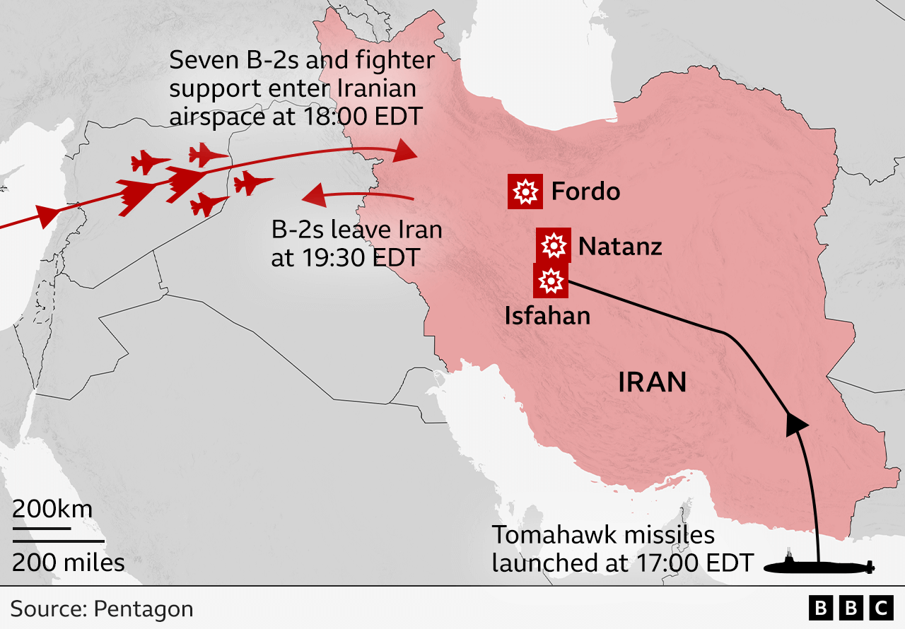 A map of Iran showing that the B-2s and their fighter support team entered Iranian airspace at 18:00 EDT (23:00 BST), completed their bombing mission and then left Iranian airspace within an hour and a half. At the same time Tomahawk missiles were fired from a US naval submarine at 17:00 EDT (22:00 BST), timed to hit Isfahan shortly after the B-2s had delivered their bombs.