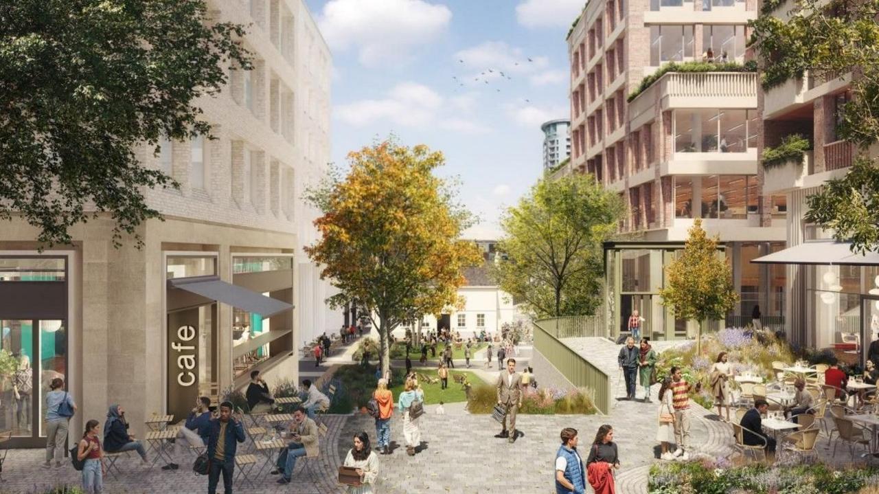 An illustration showing plans for a new shopping complex and houses in Bristol City Centre with light grey coloured cobbled pedestrianised areas underfoot and trees and outdoor seating in front of various cafes