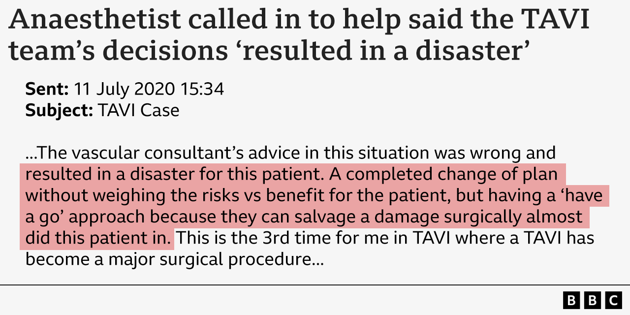 Graphic showing part of an email from an anaesthetist called in to help Mrs Readhead which said the TAVI team's decisions 'resulted in disaster'