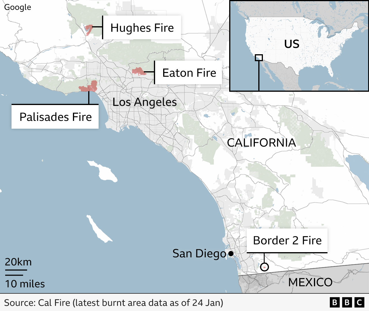 Map of Los Angeles area wildfires