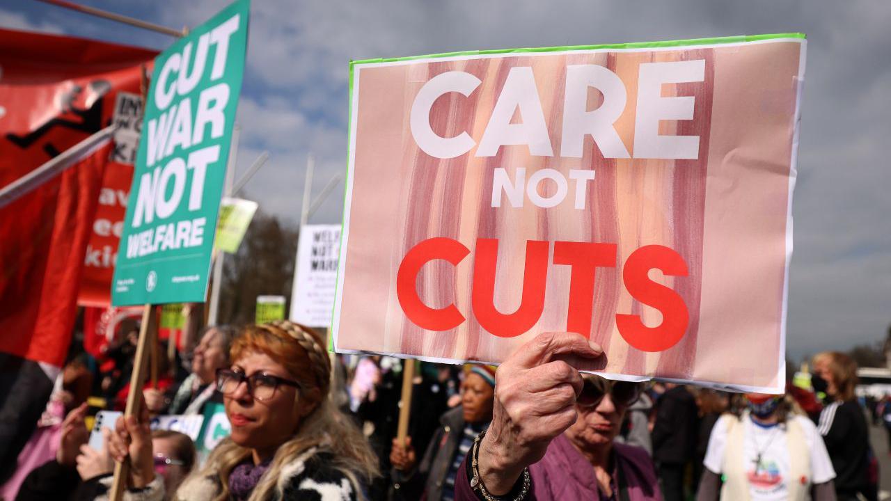 Protesters demonstrate against disabilty and welfare cuts during the announcement of the Spring Statement outside parliament in London, Britain, 26 March 2025.