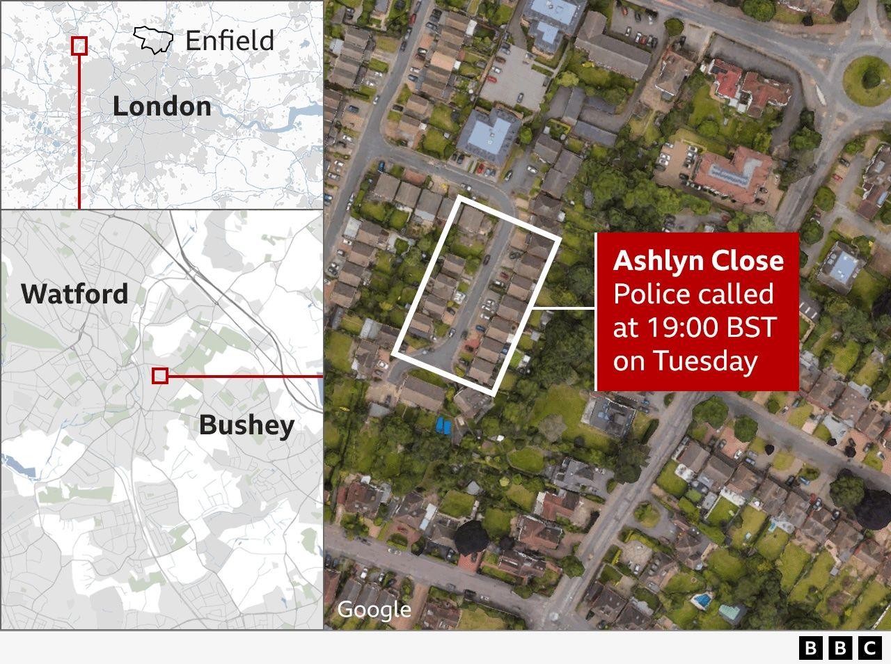 Map showing where the attacks took place, in Ashlyn Close, Bushey