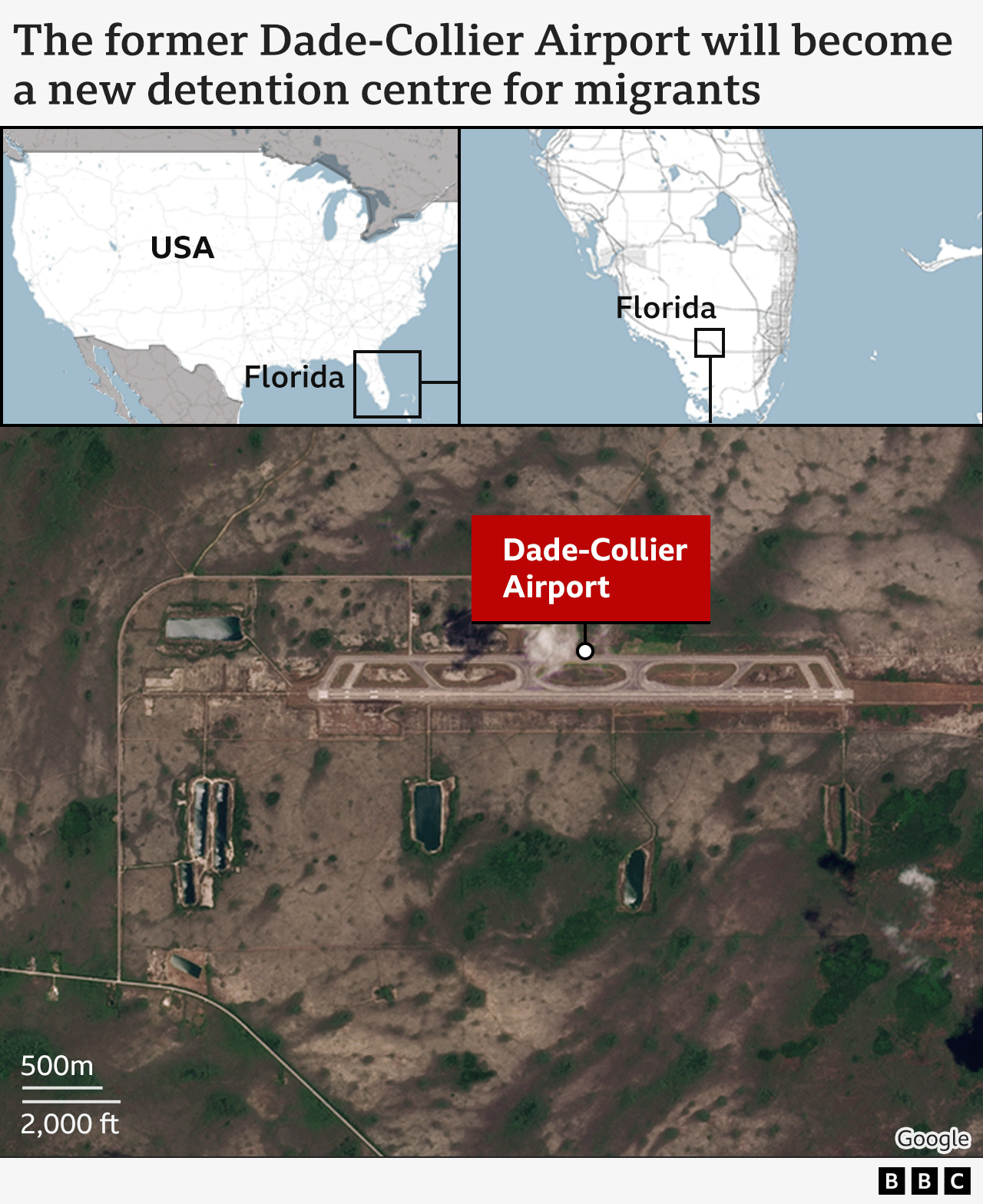 Map shows two graphics showing maps of Florida and the US and then a surveillance picture of the Dade-Collier airport