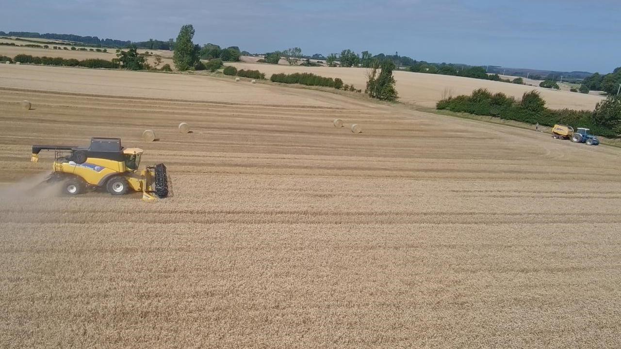 A combine harvester in the foreground in a field newly harvested with a tractor to the left taking straw bales away. 