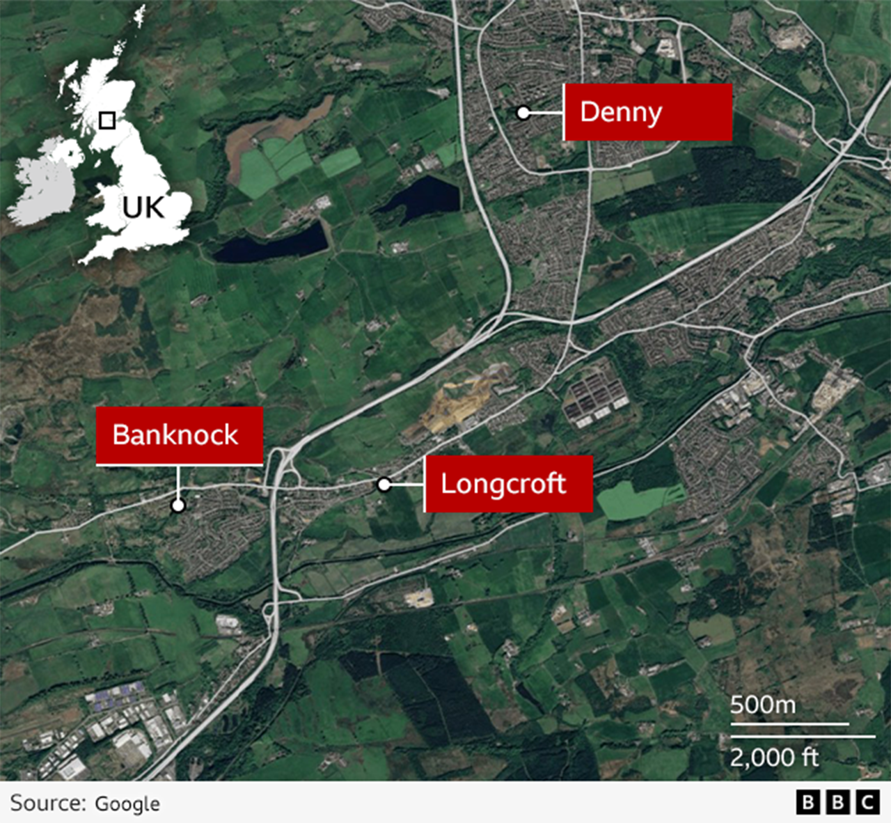 A satellite map showing the places where Cole was seen before he disappeared, Denny and Longcroft, as well as the village of Banknock, where his body was discovered.