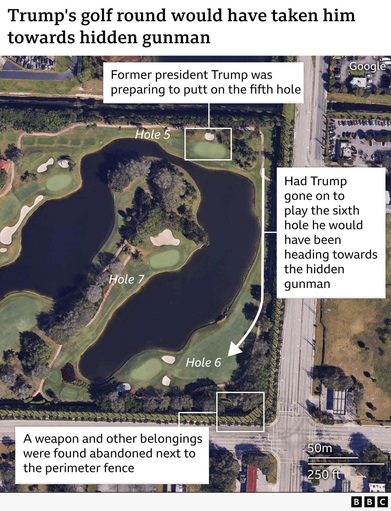 A map showing where Trump was in relation to Routh