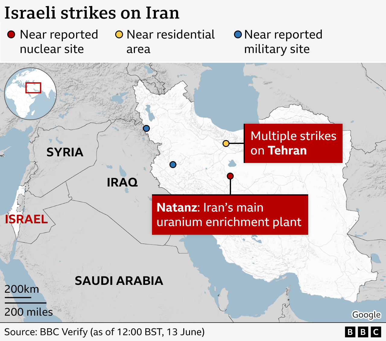 A map showing locations of Israeli strikes on Iran