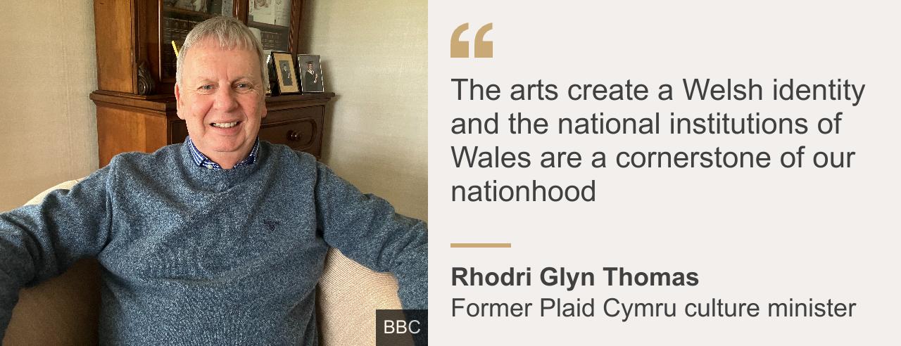 Picture and quote box: Rhodri Glyn Thomas sitting in a homely setting with family photos in the background. Adjacent is this quote of his: "The arts create a Welsh identity and the national institutions of Wales are a cornerstone of our nationhood"