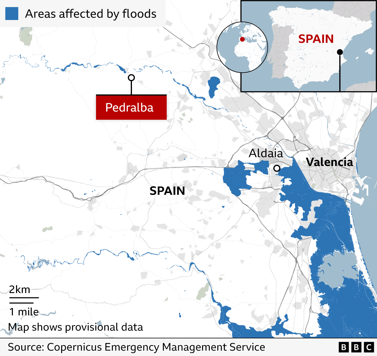 Map shows areas affected by flooding near Valencia, pinpointing Pedralba to the west and Aldaia closer to the city on the right had side of the map