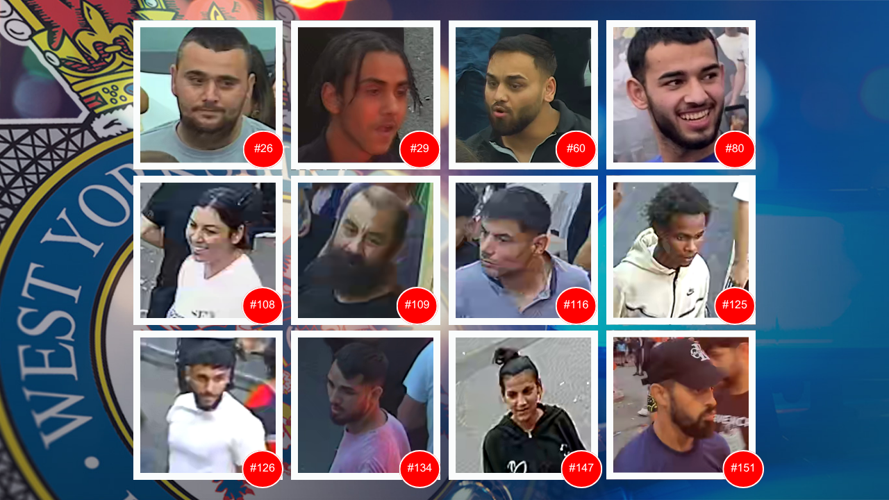 Thumbnail images of 12 people wanted in connection with violent unrest that took place in Harehills 