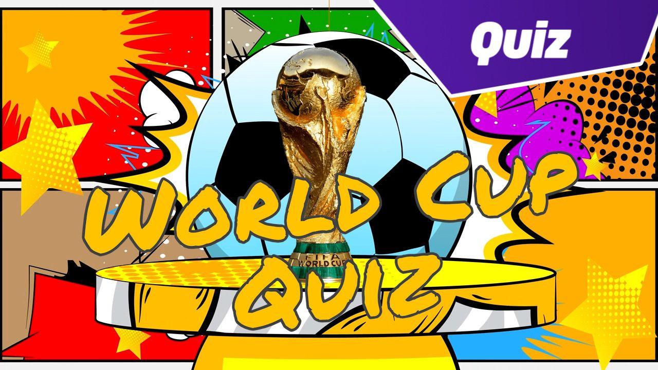 Comic book style stars and explosions in a grid layout with a football and world cup trophy on a plinth. The words: world cup quiz is in the foreground and a Quiz logo is in the top right corner. 
