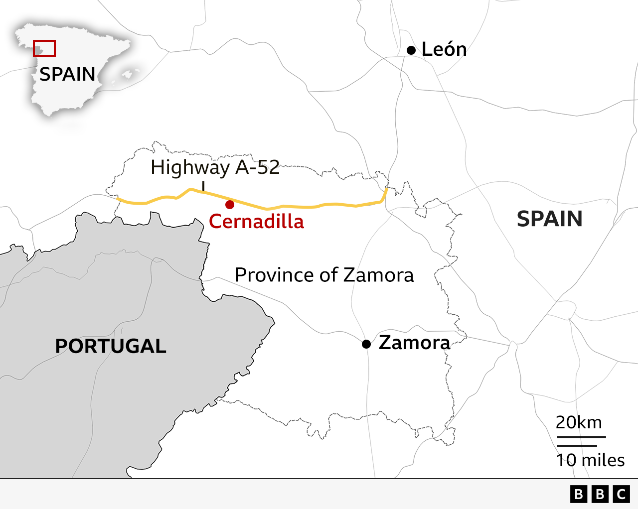 Map showing the province of Zamora, in Spain, the highway A-52 and the town of Cernadilla, where Diogo Jota’s car crashed