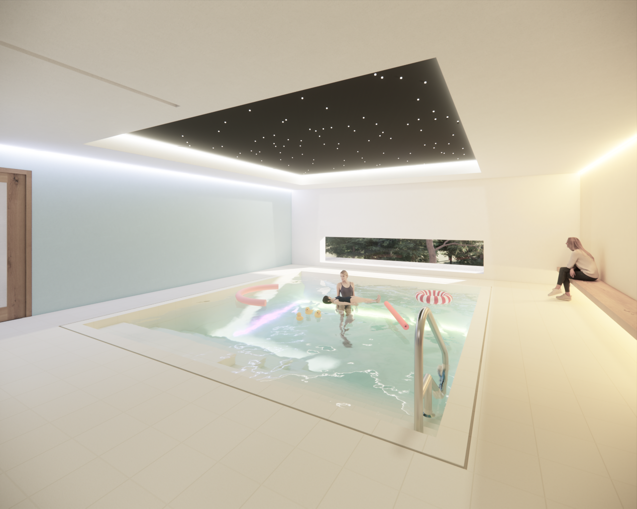 An artist's impression of an indoor swimming pool. A child is in the pool, supervised by an adult at the poolside. The roof is partially glazed, showing a starry sky
