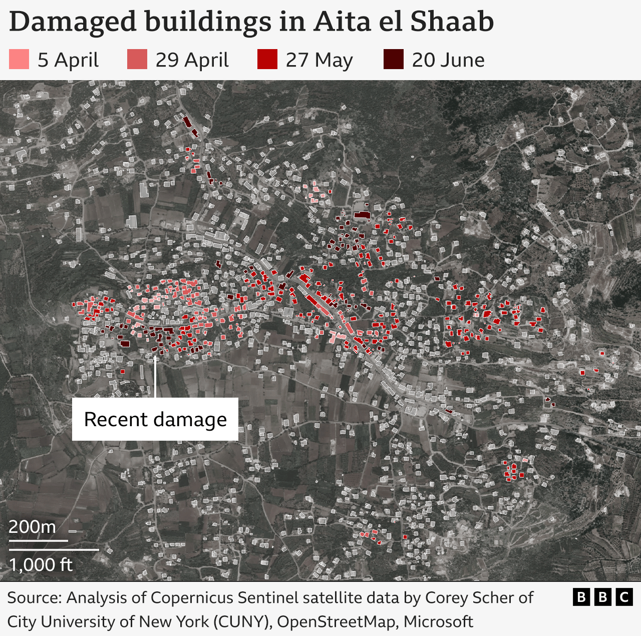 An illustrated map shows which buildings have been damaged in Aita el Shaab