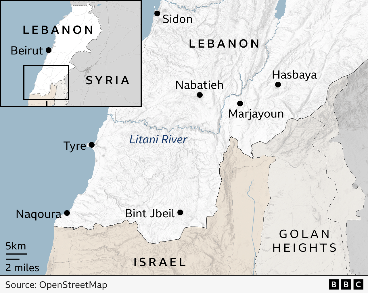 Map showing southern Lebanon and the Litani River