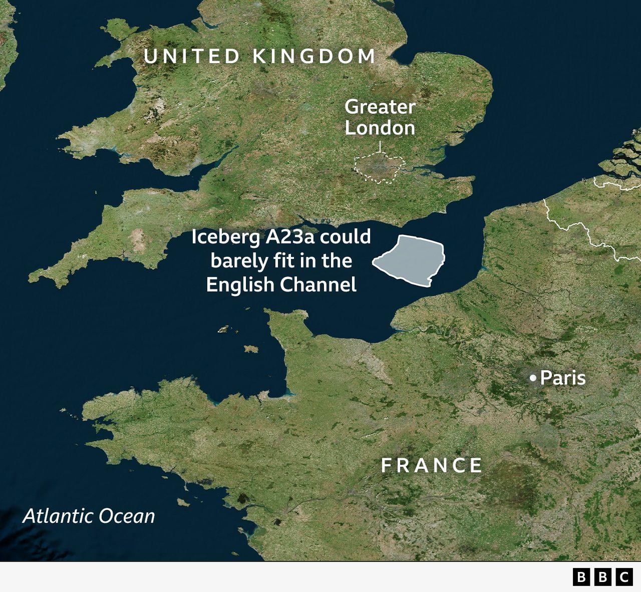 Size comparison showing A23a in the English Channel