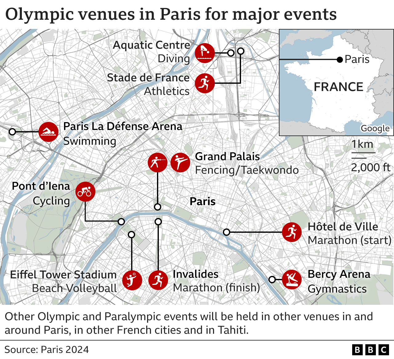 A map showing the different venues of Paris 2024 Olympic Games. This includes the Grand Palais, Eiffel Tower Stadium, Pont d'lena, Invalides, Bercy Arena, Hotel de Ville, Paris La Defense Arena, Stade de France and Aquatic Centre