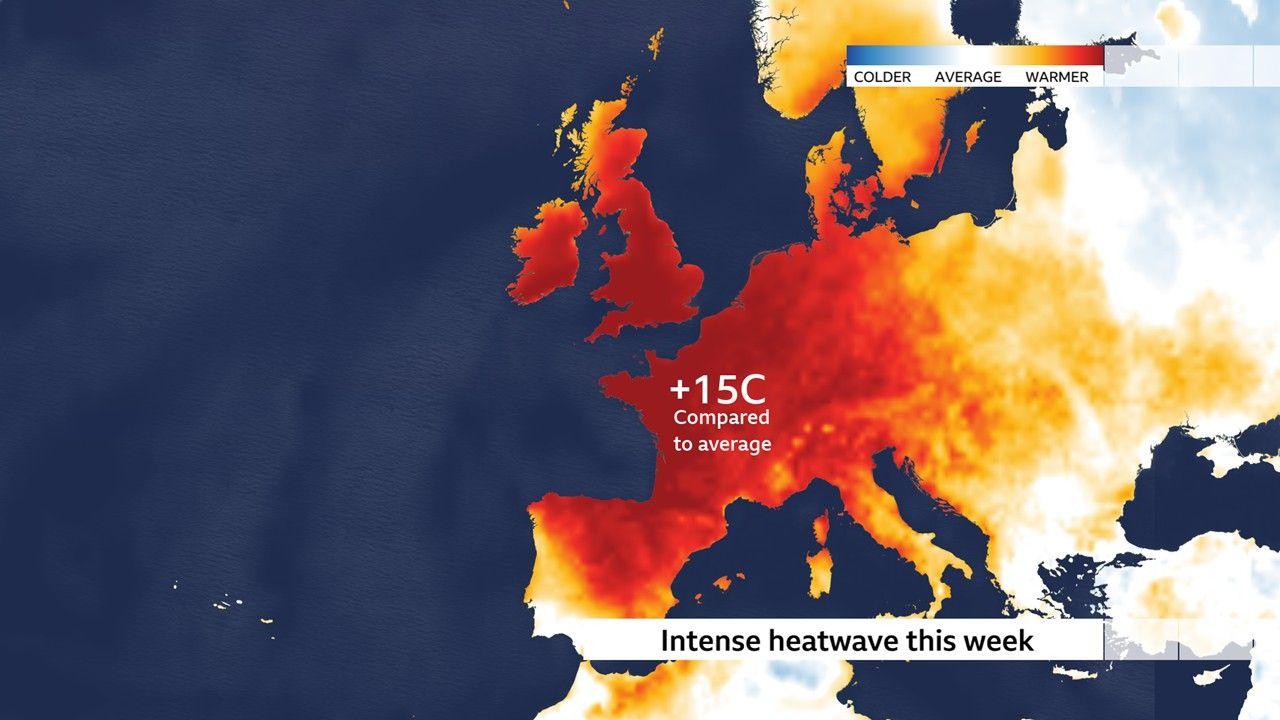 Map of Europe showing higher than average temperatures in central and western Europe this week