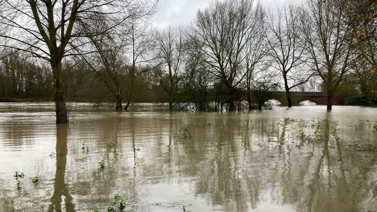 A large stretch of land covered by water, with flood waters very high on a bridge in the background 